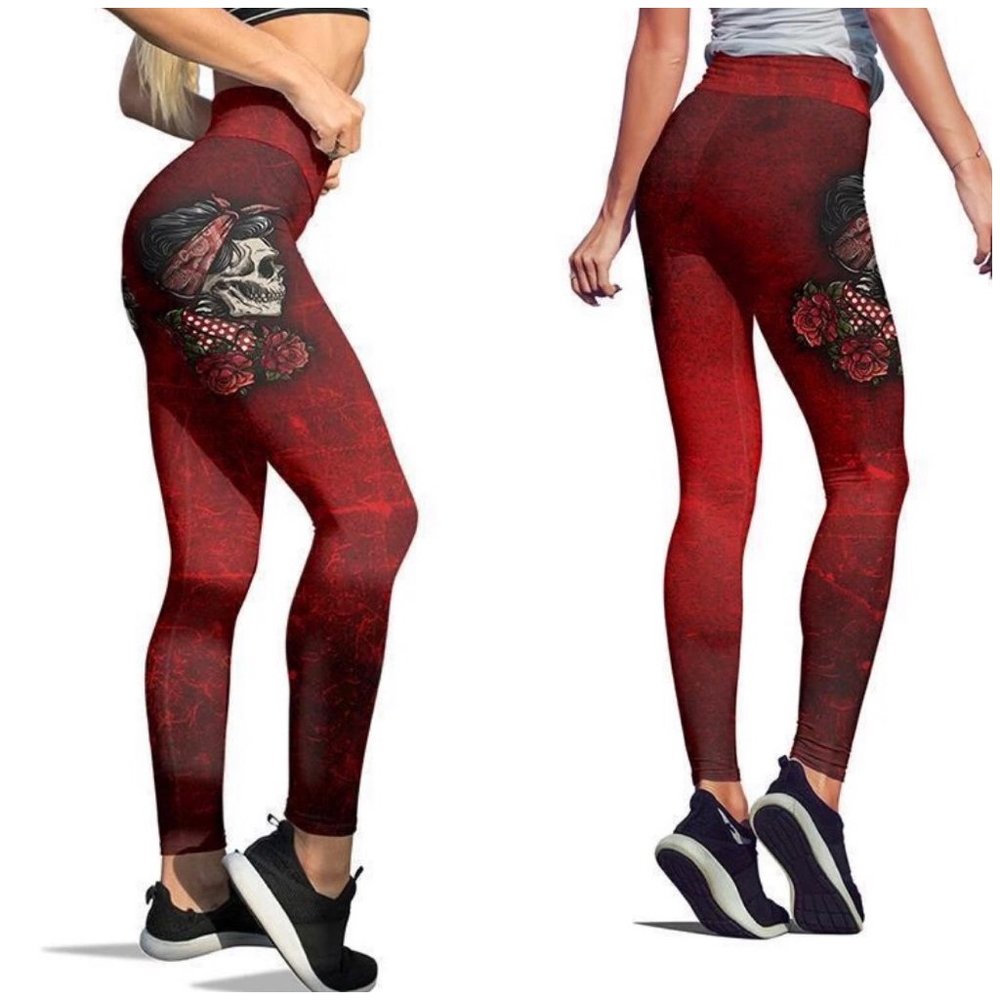 Vastitch Red Skull & Roses Print HW Leggings Small